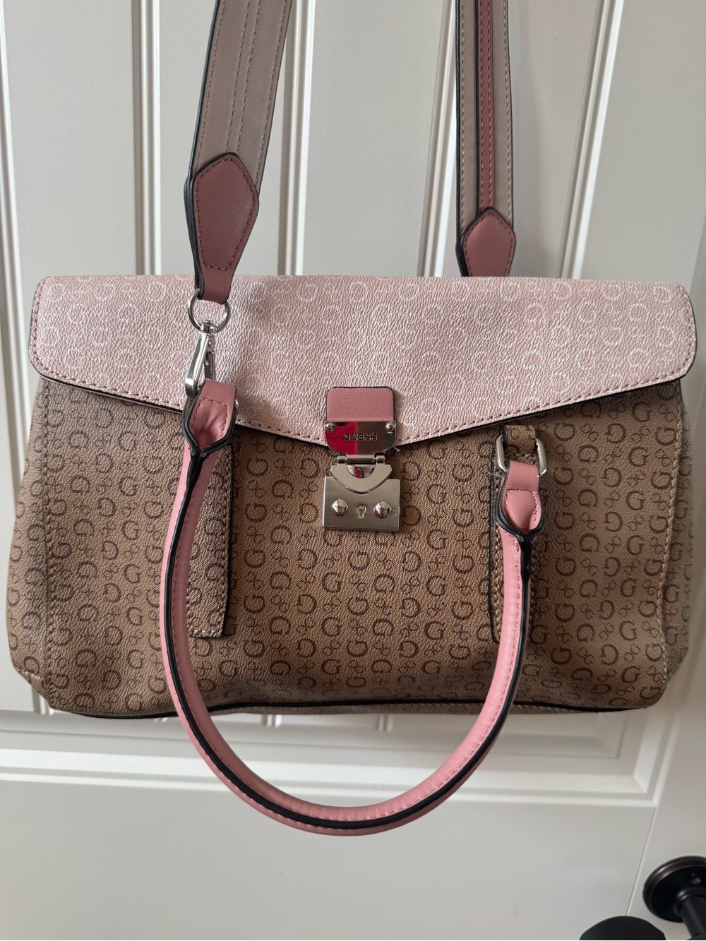 Guess Women's Satchel Handbag Purse in Blush Pink and Brown Signature Logo